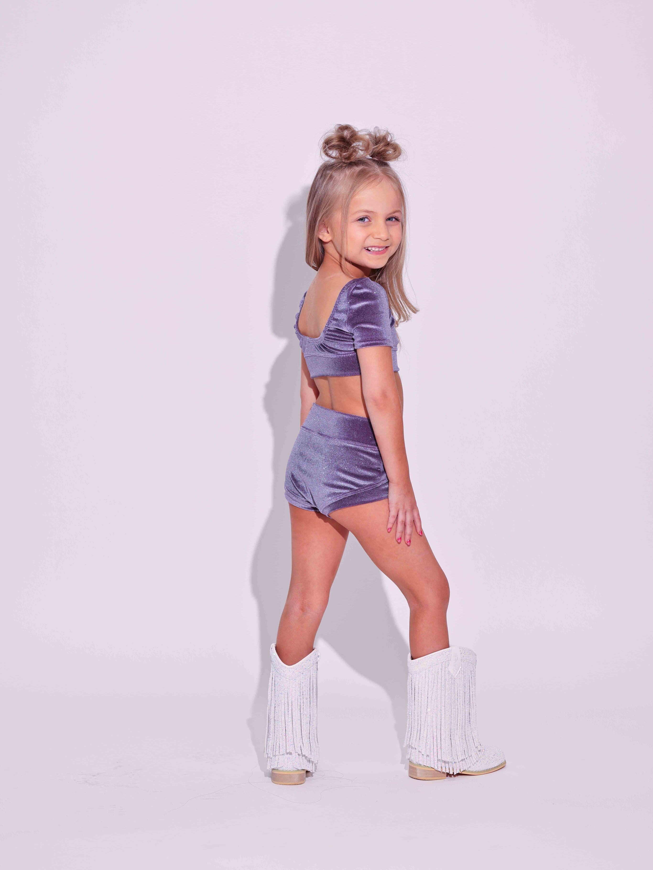 Simple But Cute Exclusive Glitter Velvet Crop Top - Grape - Ready to Ship