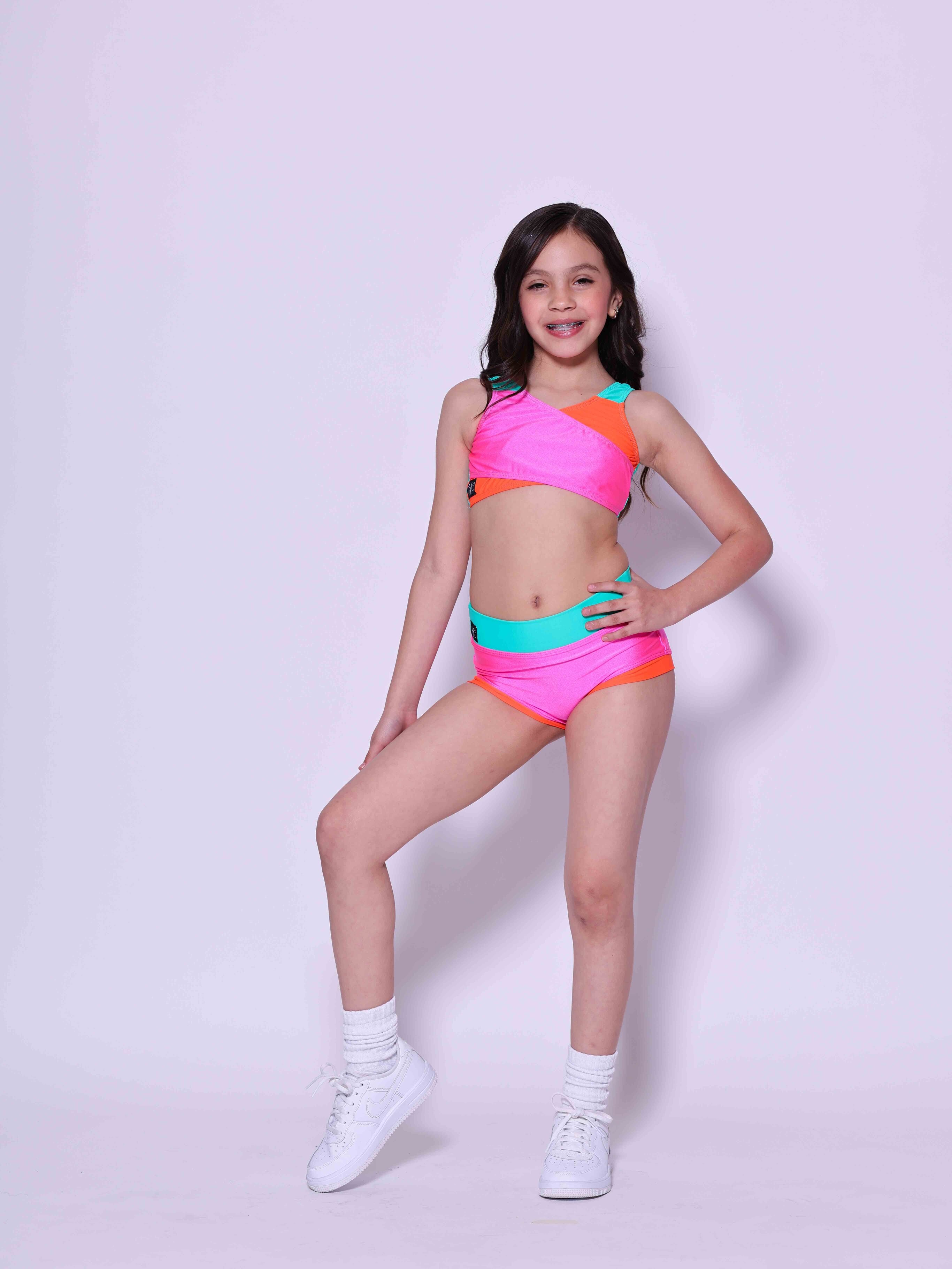 Cross My Heart Bra Top - Tropical Pink/Neon Orange/Asian Jade - Ready To Ship