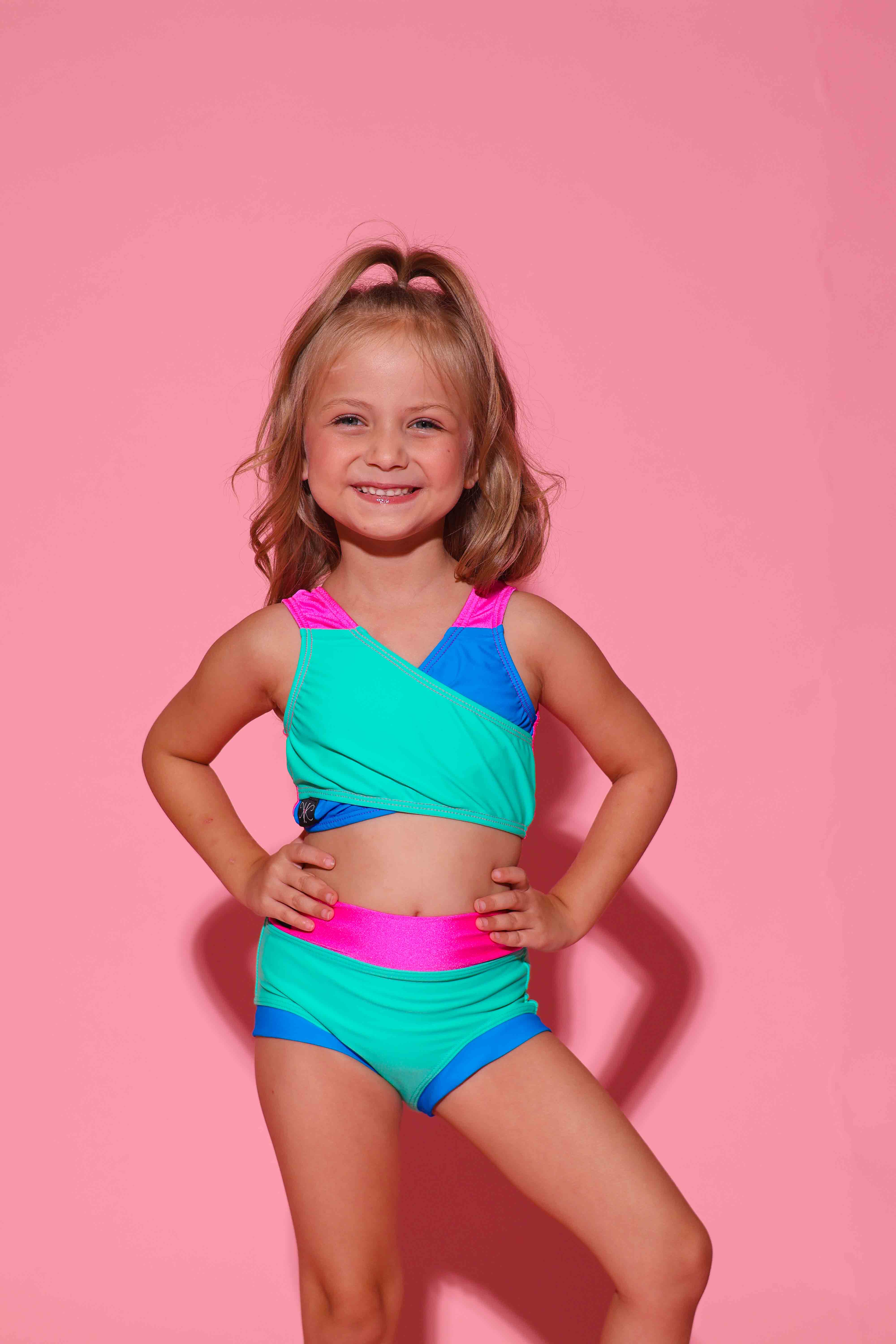Cross My Heart Bra Top - Dark Mint/Turquoise/Tropic Pink - Ready To Ship