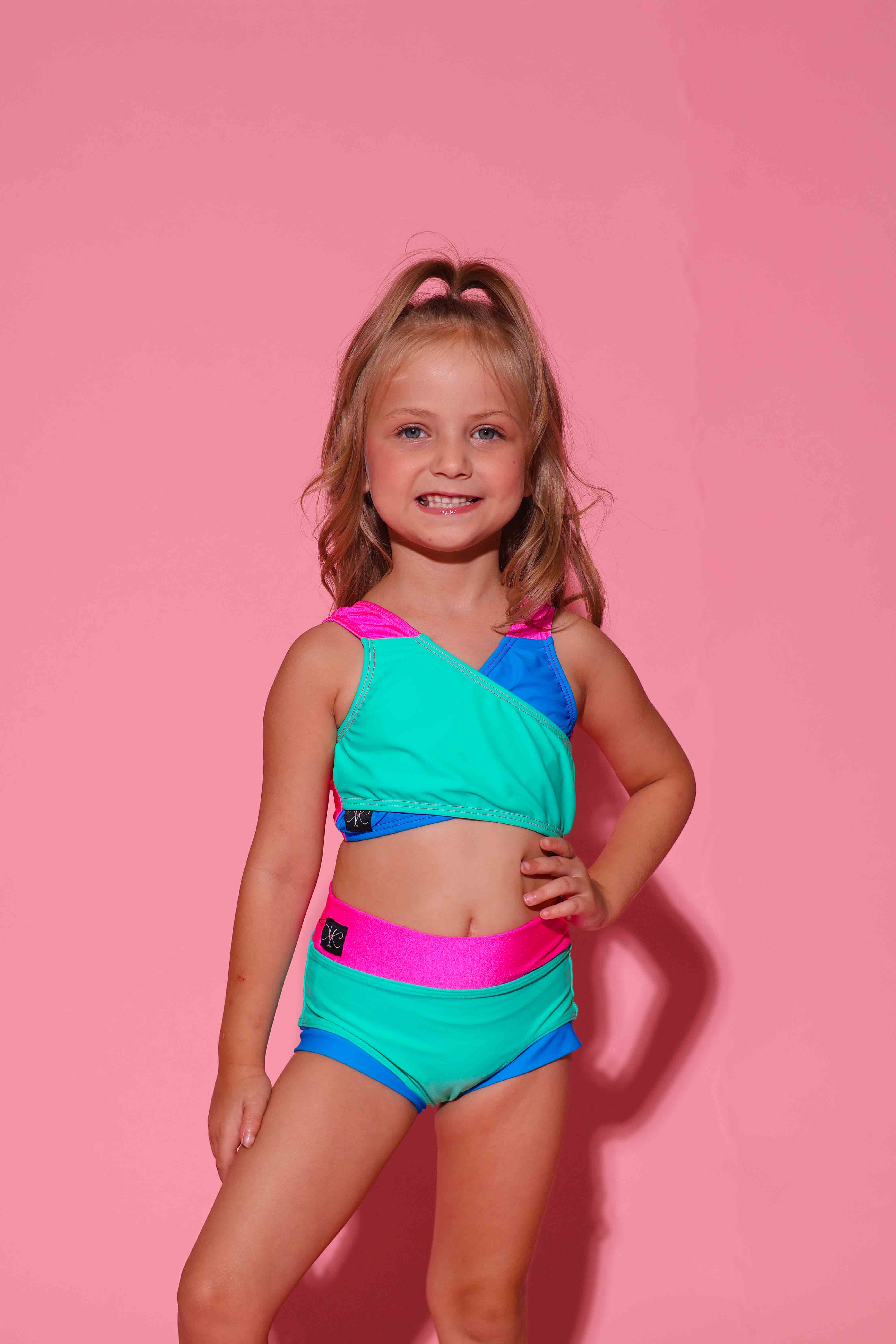 Cross My Heart Bra Top - Dark Mint/Turquoise/Tropic Pink - Ready To Ship