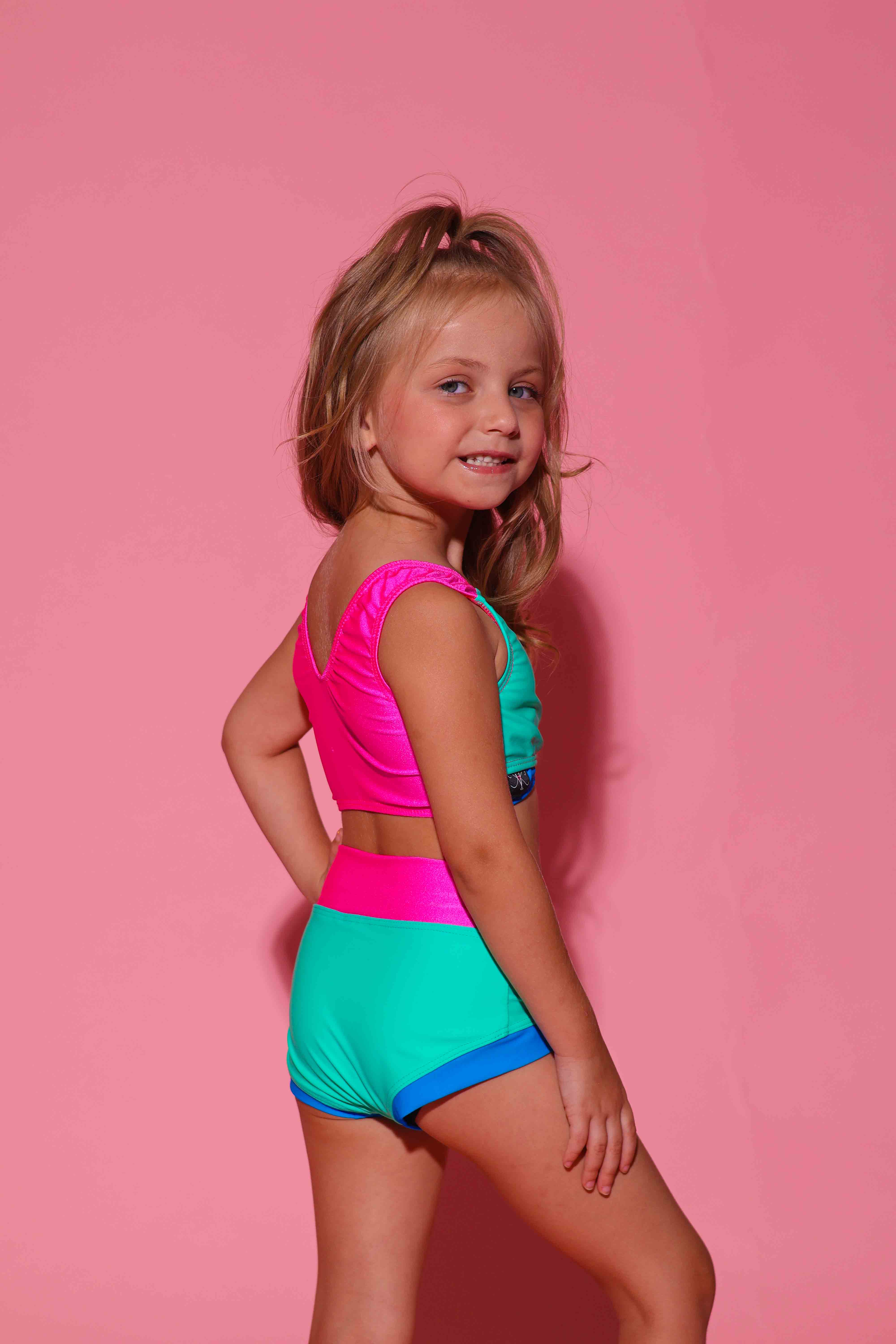 Cross My Heart Bra Top - Dark Mint/Turquoise/Tropic Pink - Ready To Ship