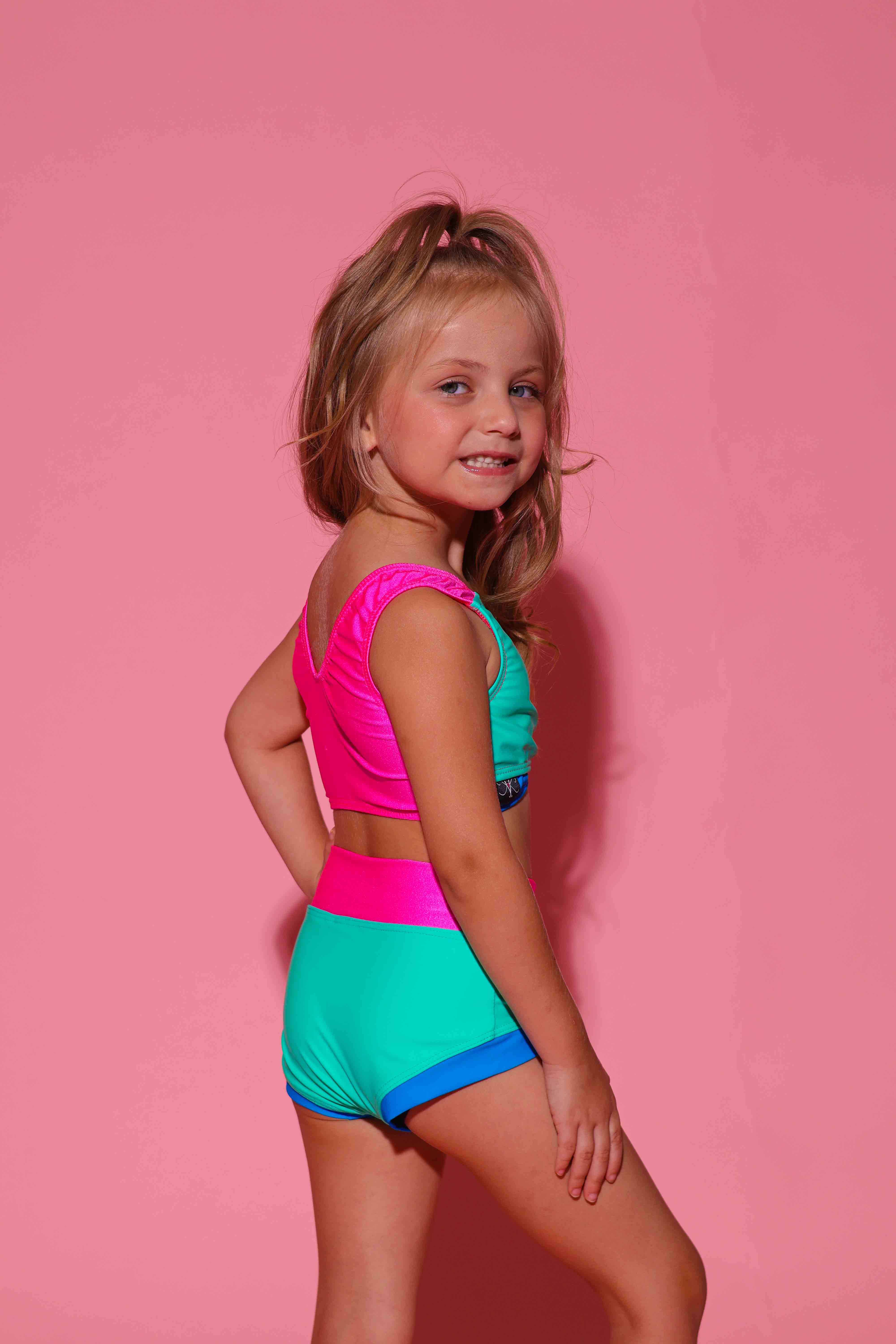 Cross My Heart Bra Top - Dark Mint/Turquoise/Tropic Pink - Ready To Ship