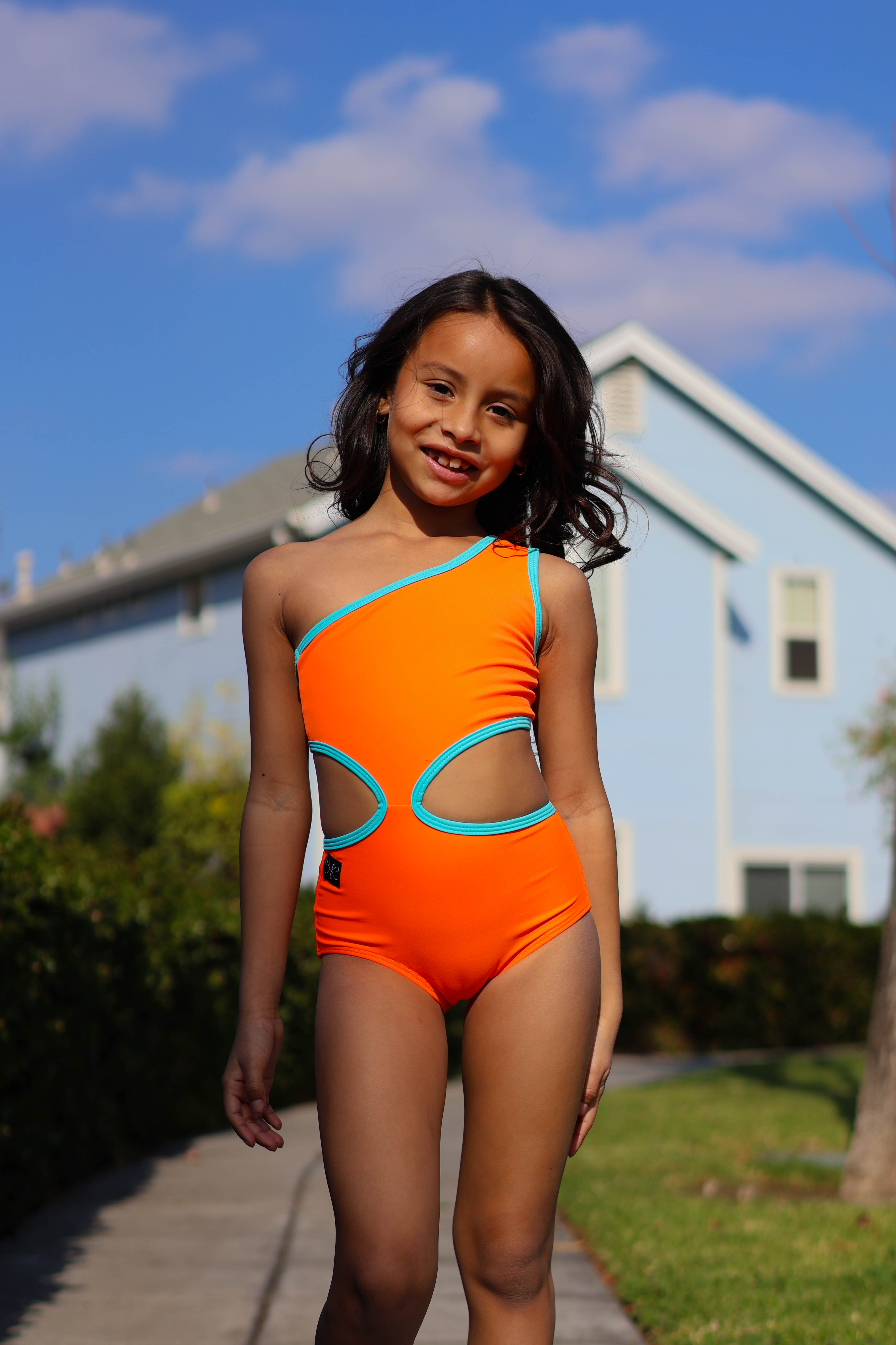 Pixie Leotard - Neon Orange/Sky Blue - Ready to Ship - Final Sale