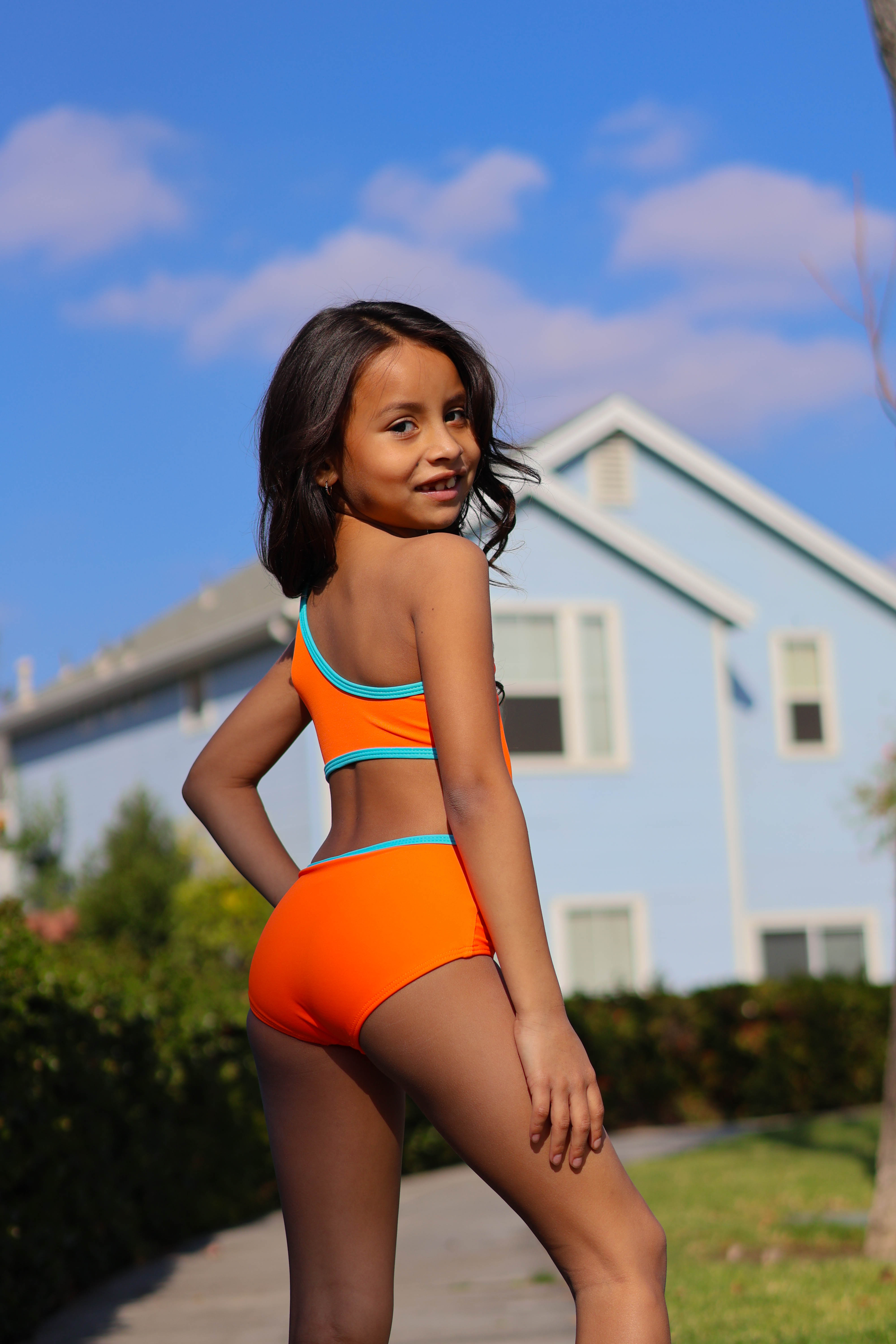 Pixie Leotard - Neon Orange/Sky Blue - Ready to Ship - Final Sale