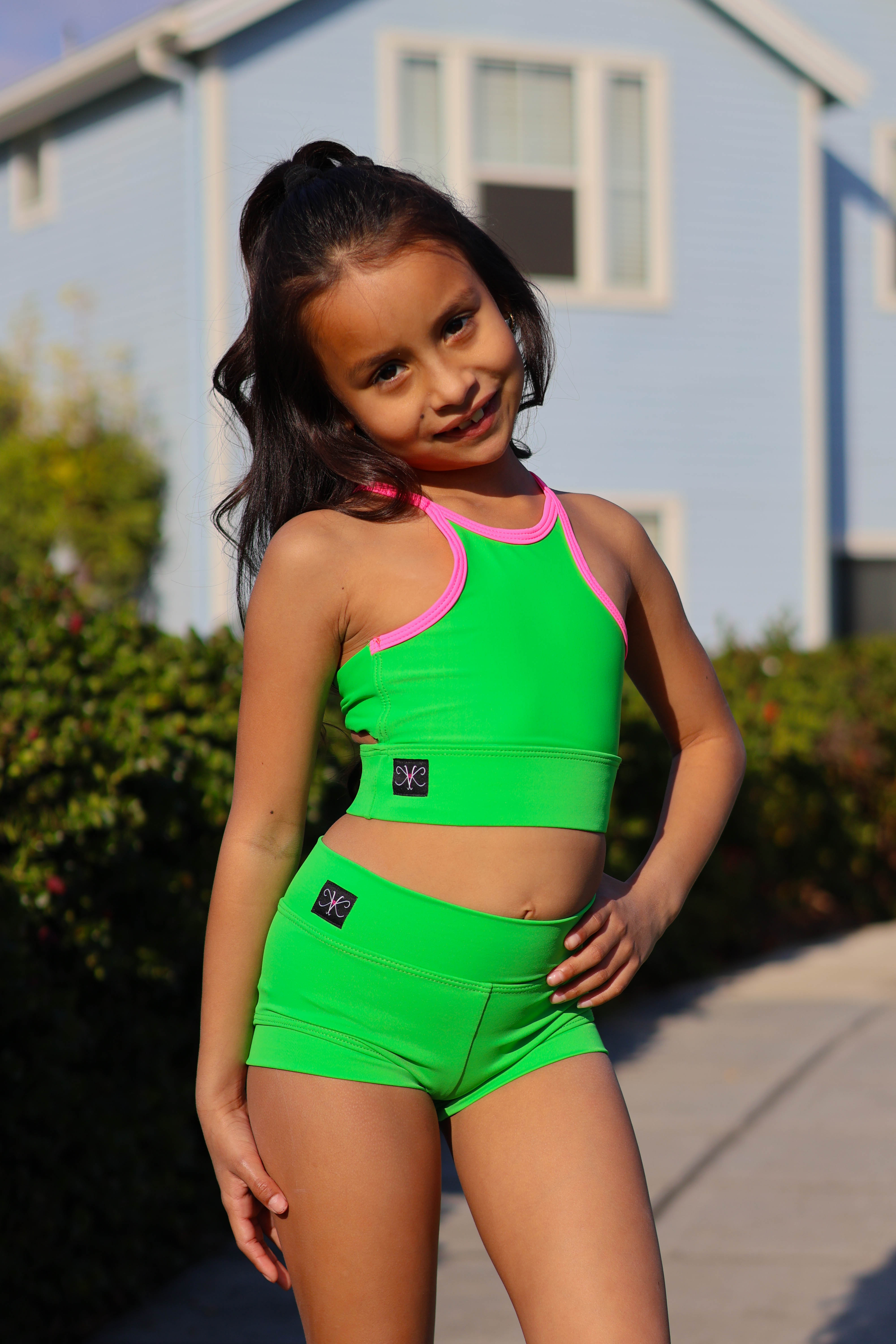 Bow Down Bra Top - Kelley Green/Neon Pink - Ready To Ship