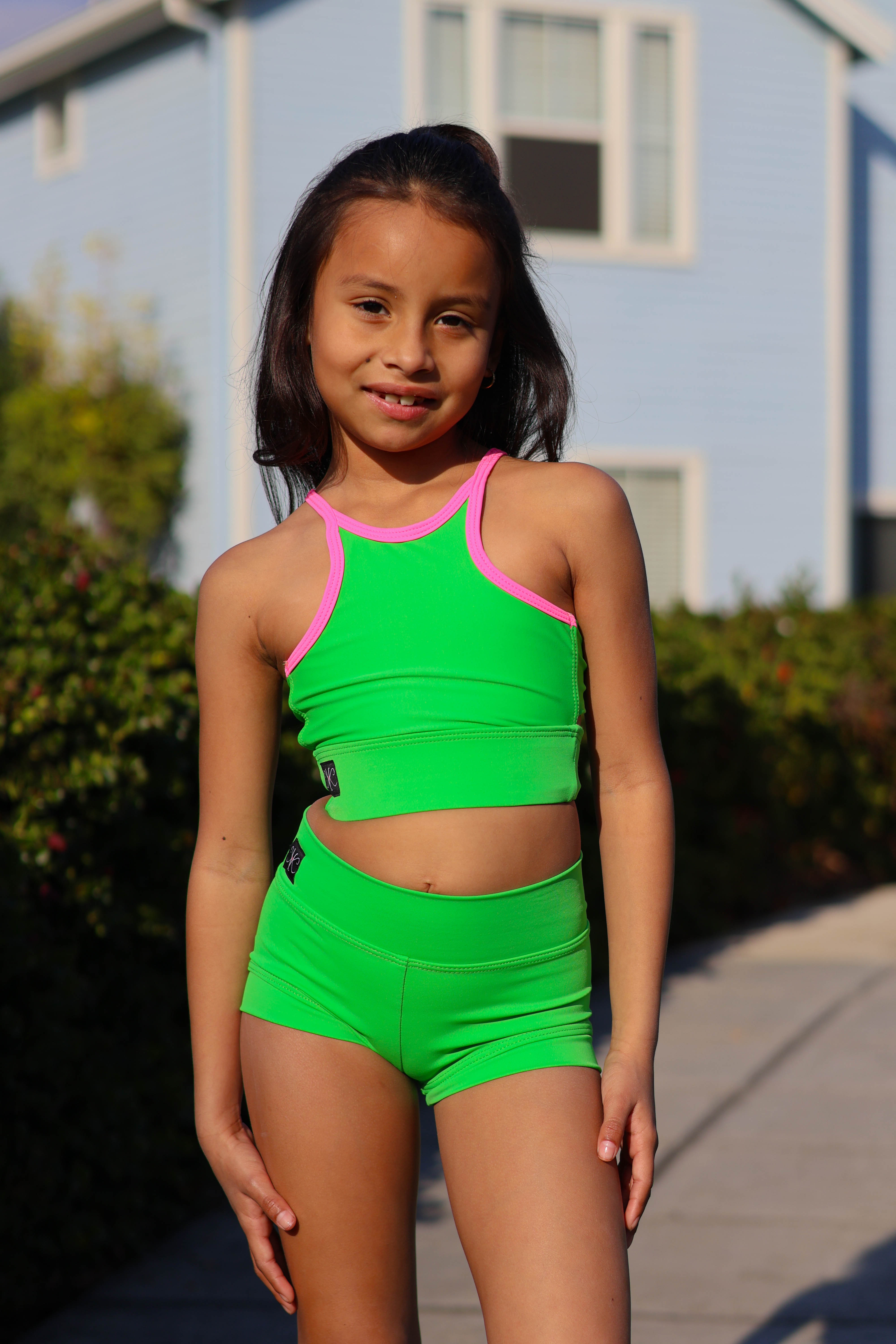 Bow Down Bra Top - Kelley Green/Neon Pink - Ready To Ship