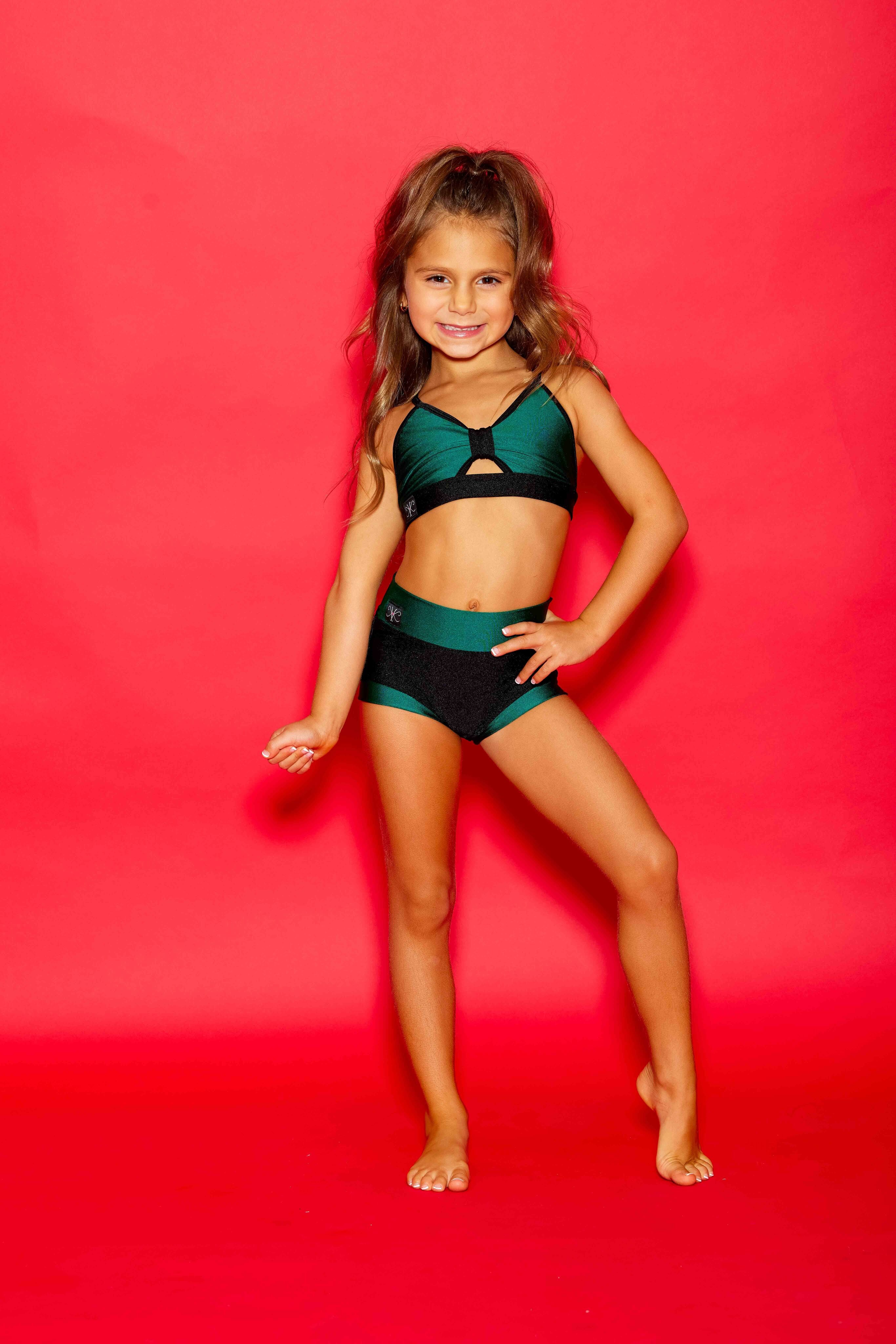 Glow Up! Bra Top - Forest Green Shiny/Black - Ready To Ship