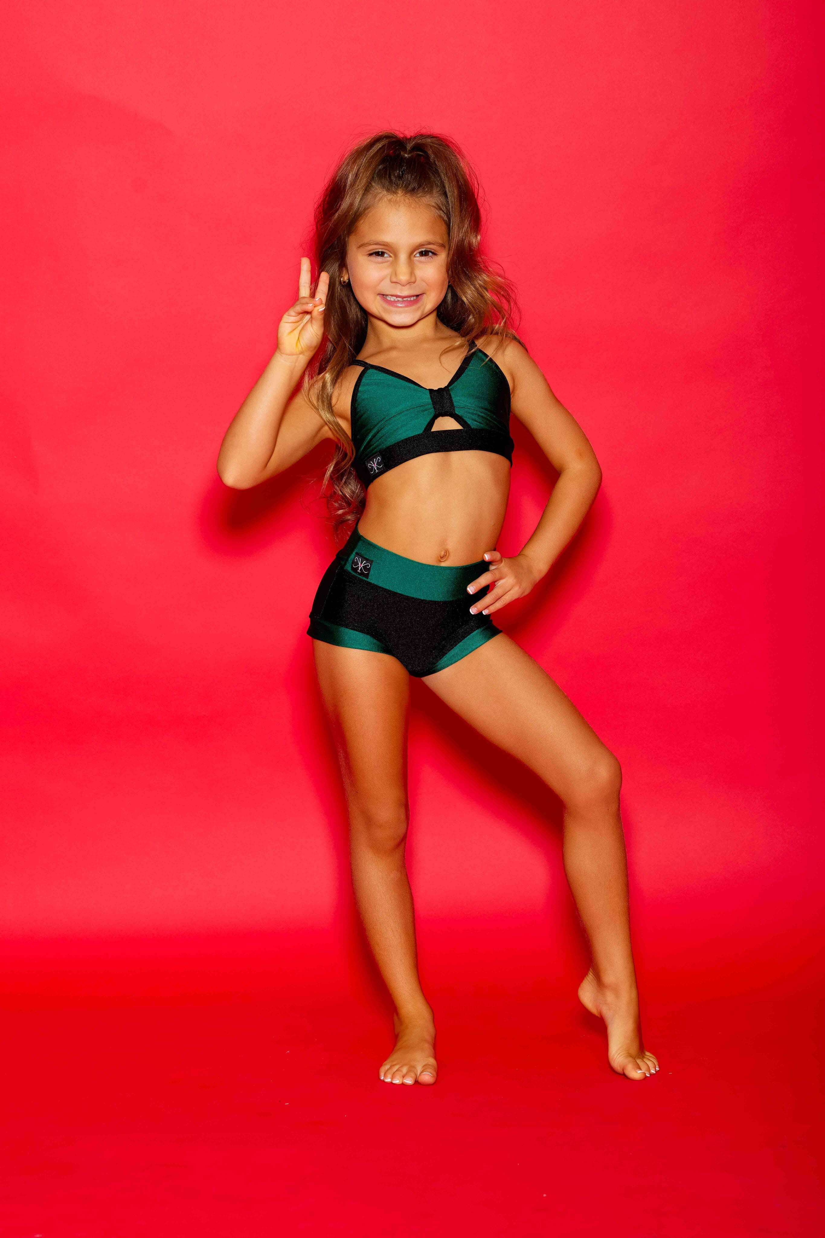 Glow Up! Bra Top - Forest Green Shiny/Black - Ready To Ship