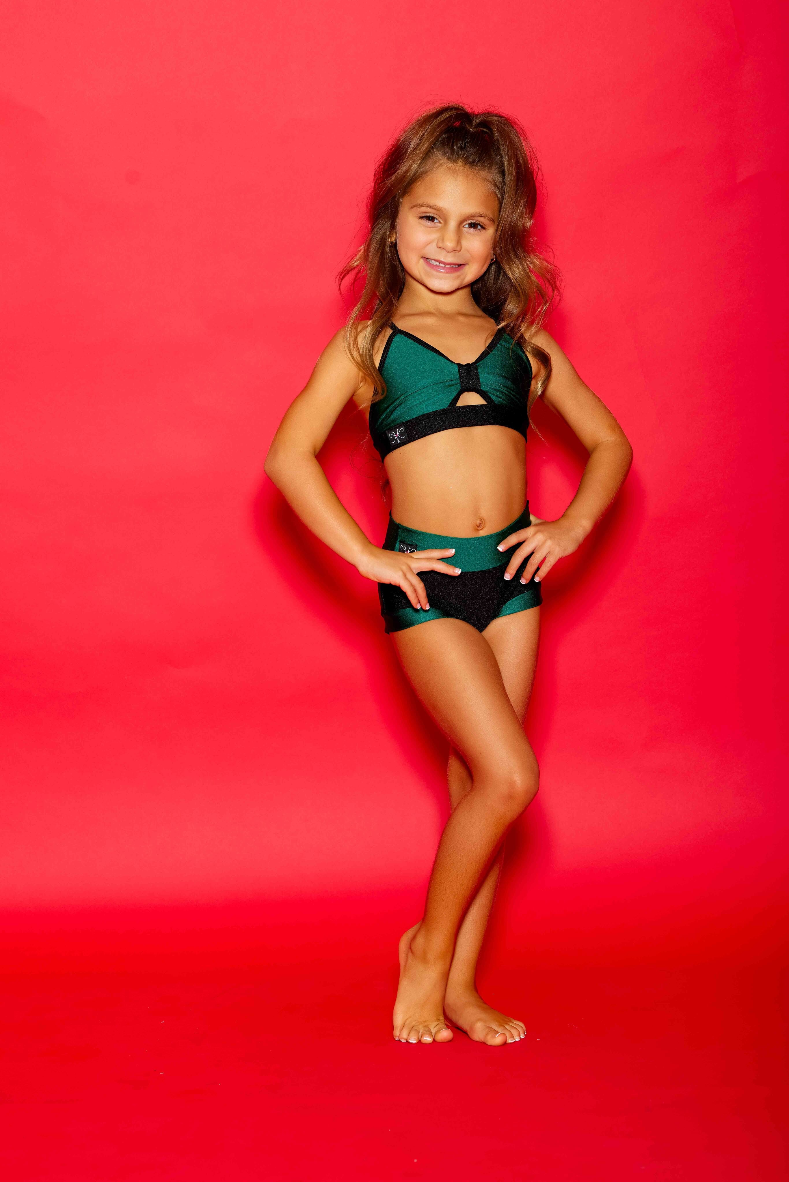 Glow Up! Bra Top - Forest Green Shiny/Black - Ready To Ship