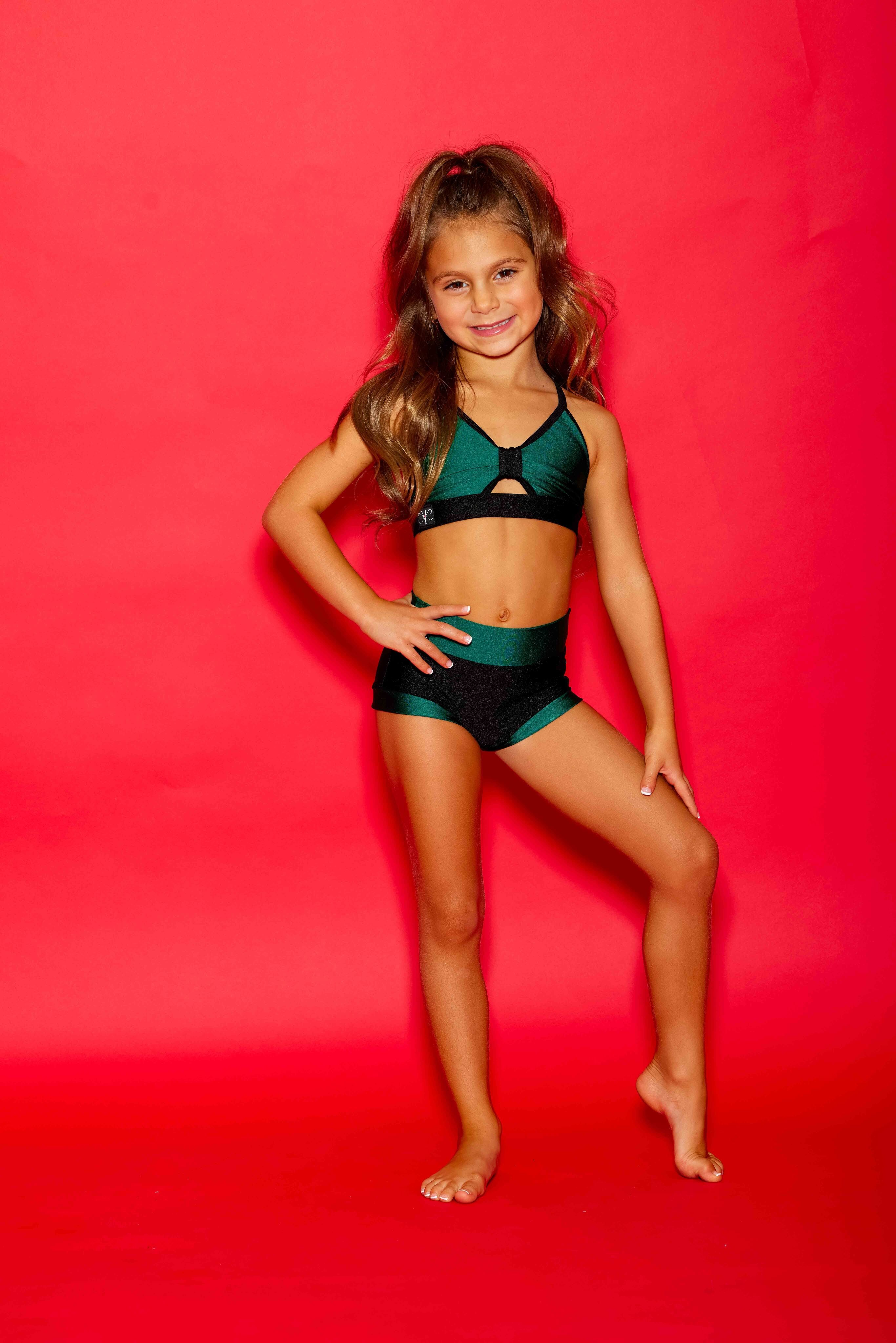 Glow Up! Bra Top - Forest Green Shiny/Black - Ready To Ship