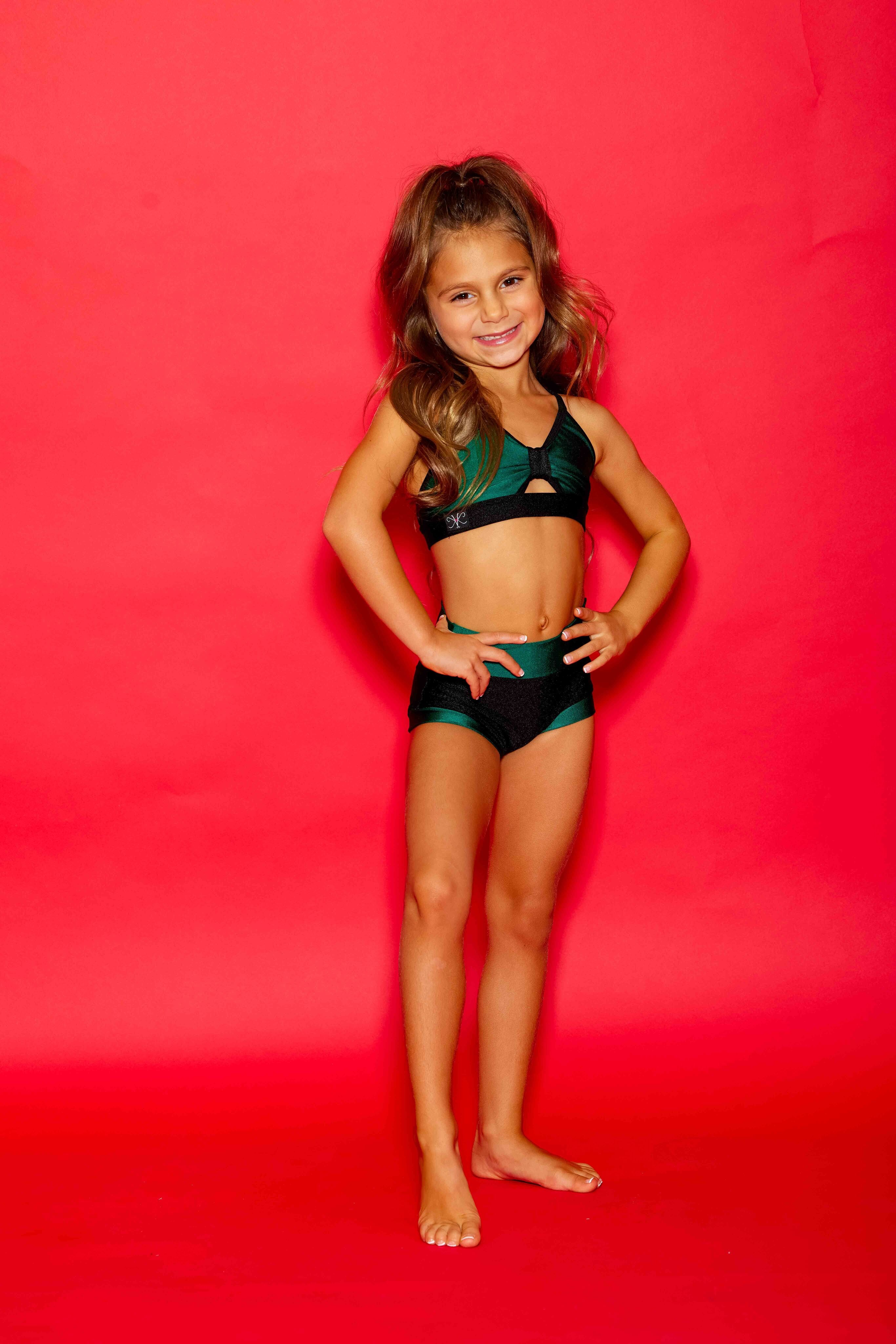 Glow Up! Bra Top - Forest Green Shiny/Black - Ready To Ship