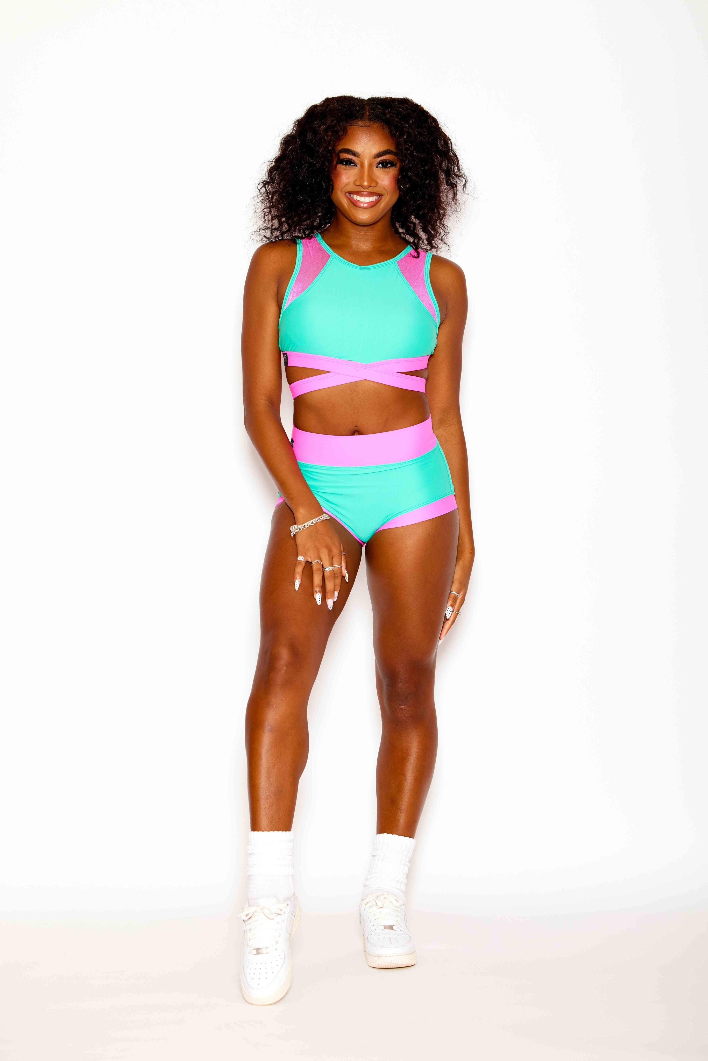 Criss Cross Bra Top - Mint/Neon Pink - Ready To Ship