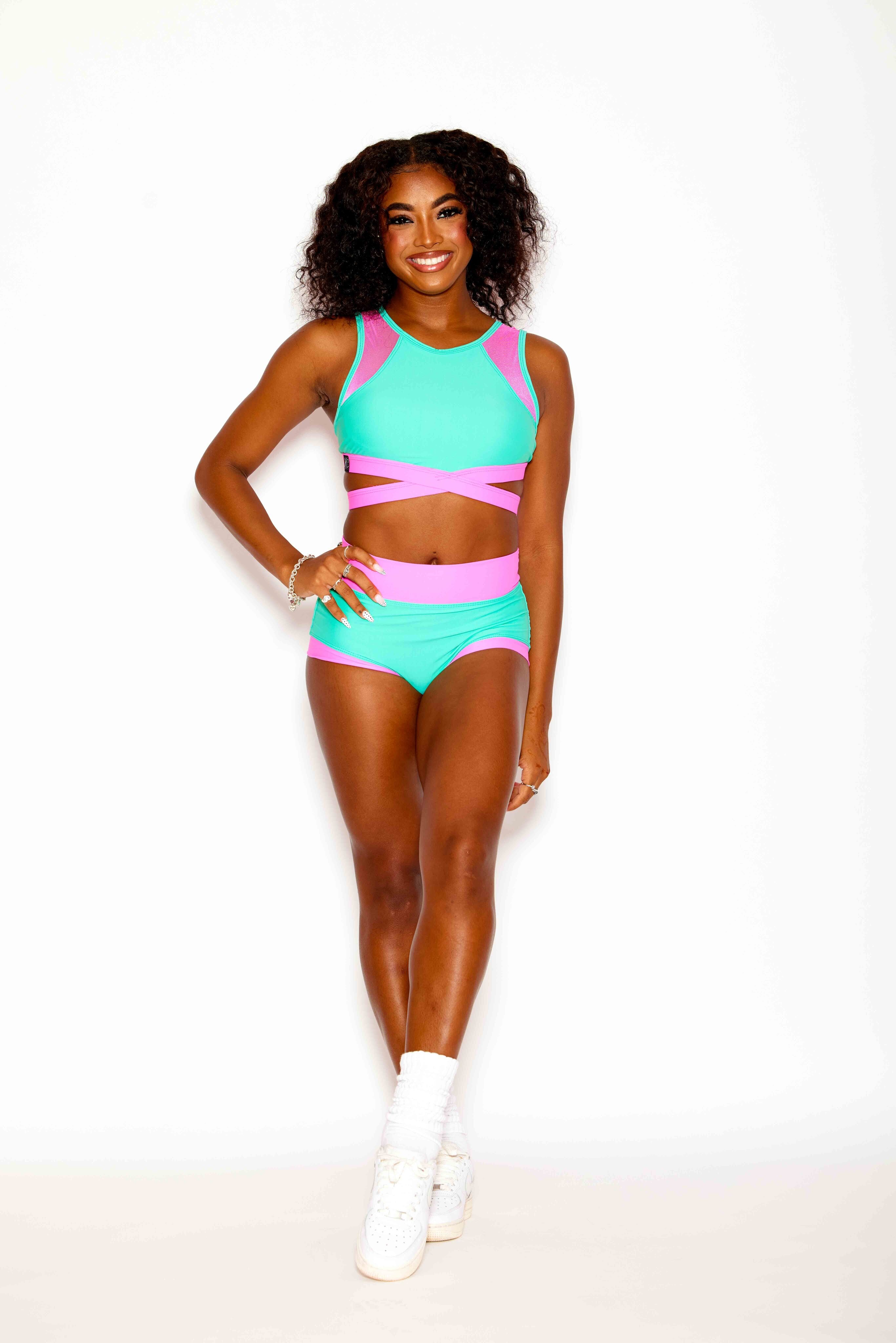Criss Cross Bra Top - Mint/Neon Pink - Ready To Ship