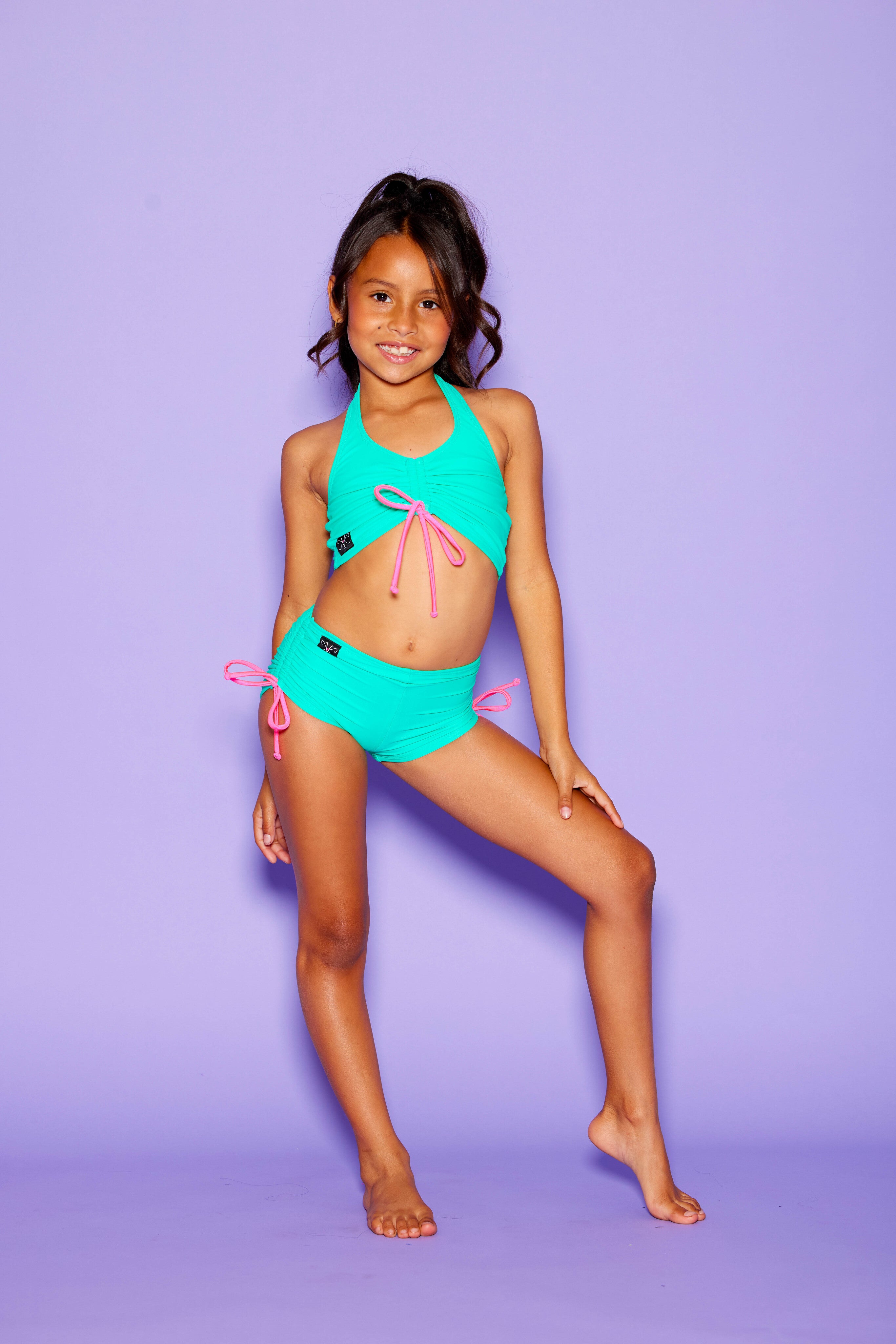 Simply Cinched Halter Crop Top - Dark Mint/Bubblegum - Ready To Ship
