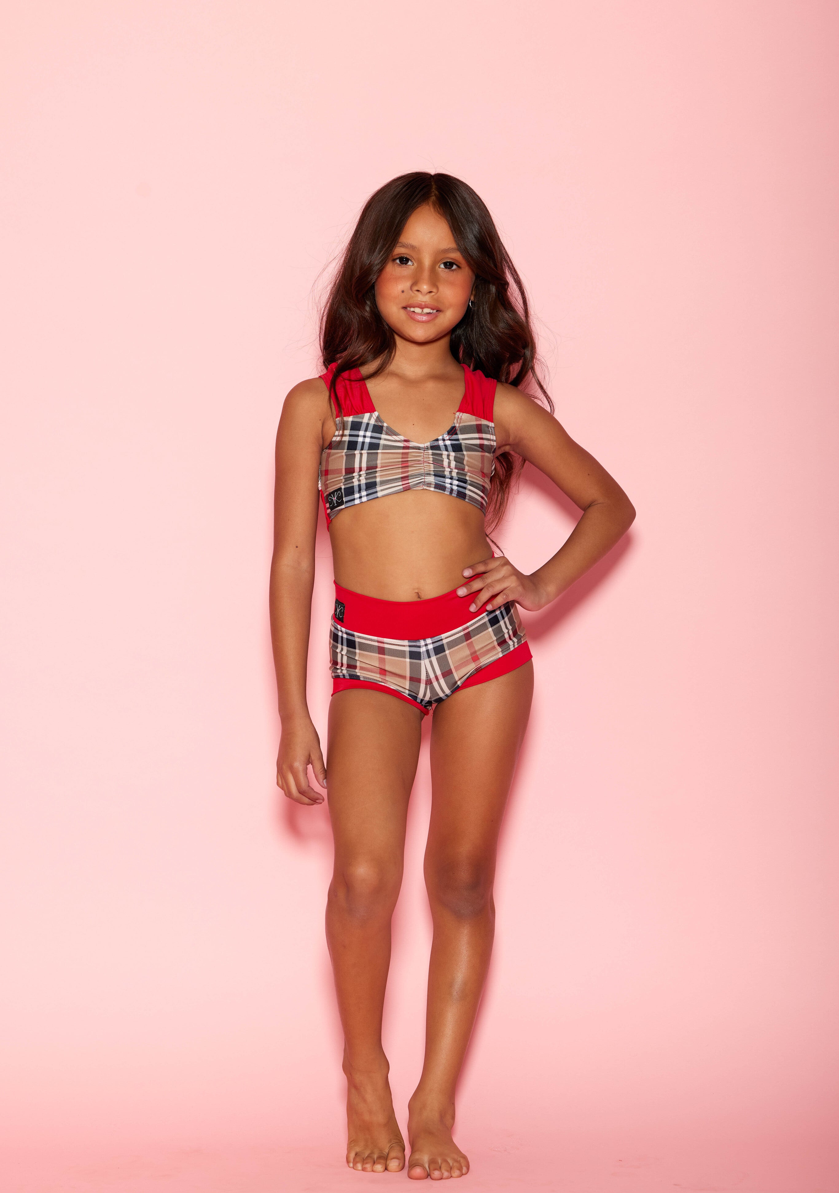 Count On Me Bra Top - Red/Beige Plaid - Ready To Ship