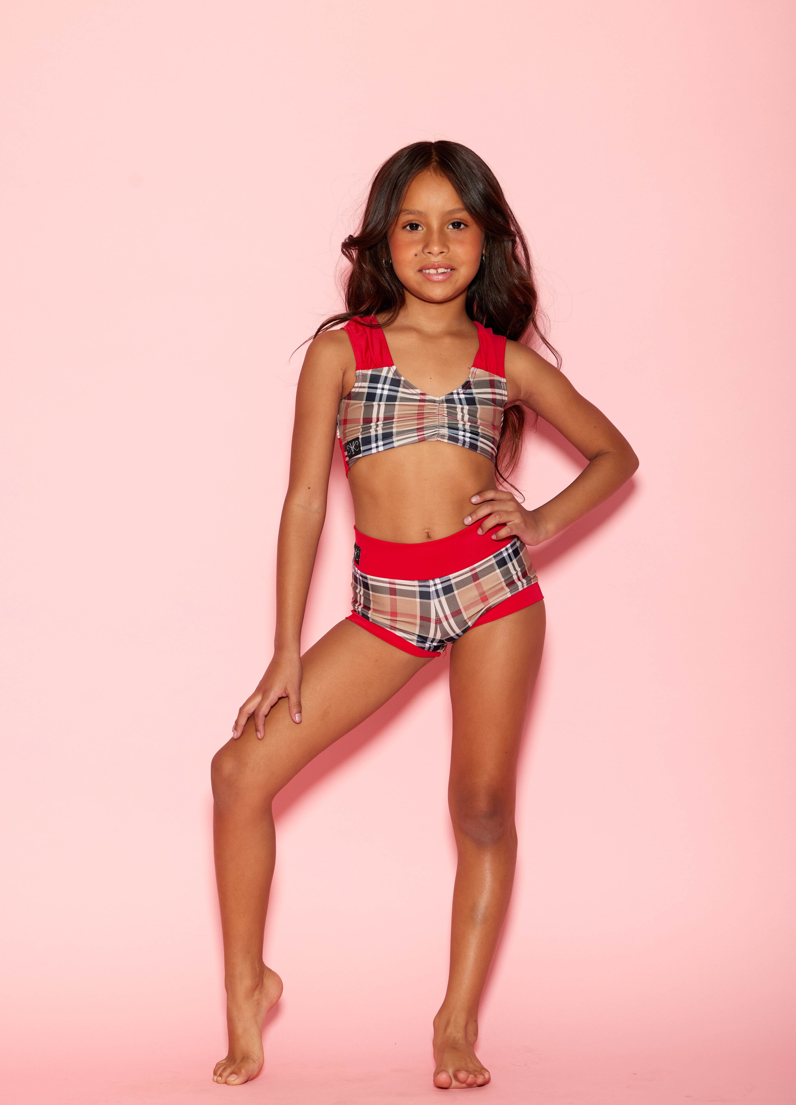 Count On Me Bra Top - Red/Beige Plaid - Ready To Ship