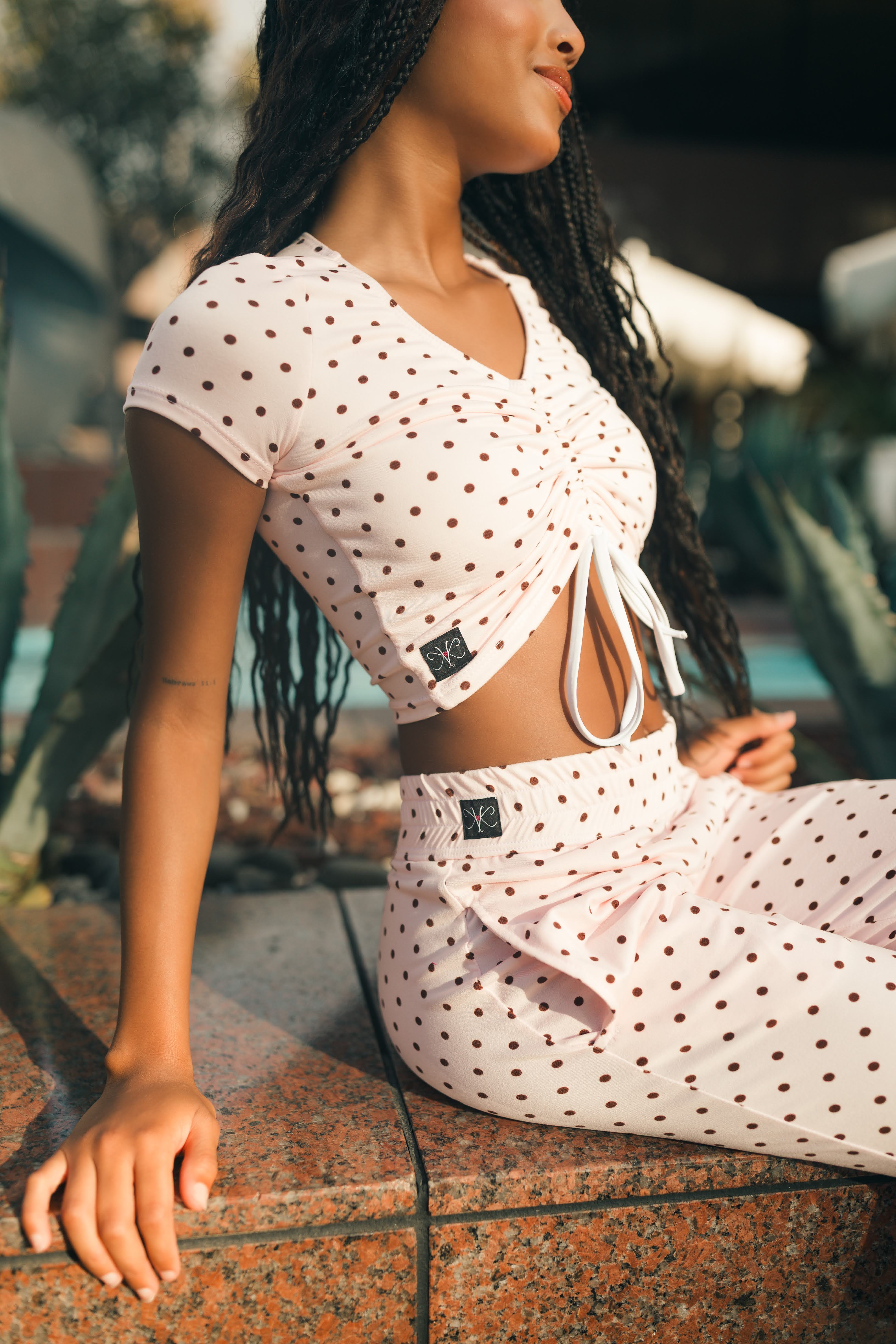 5th Ave Crop Top - Pink/Brown Polka Dot