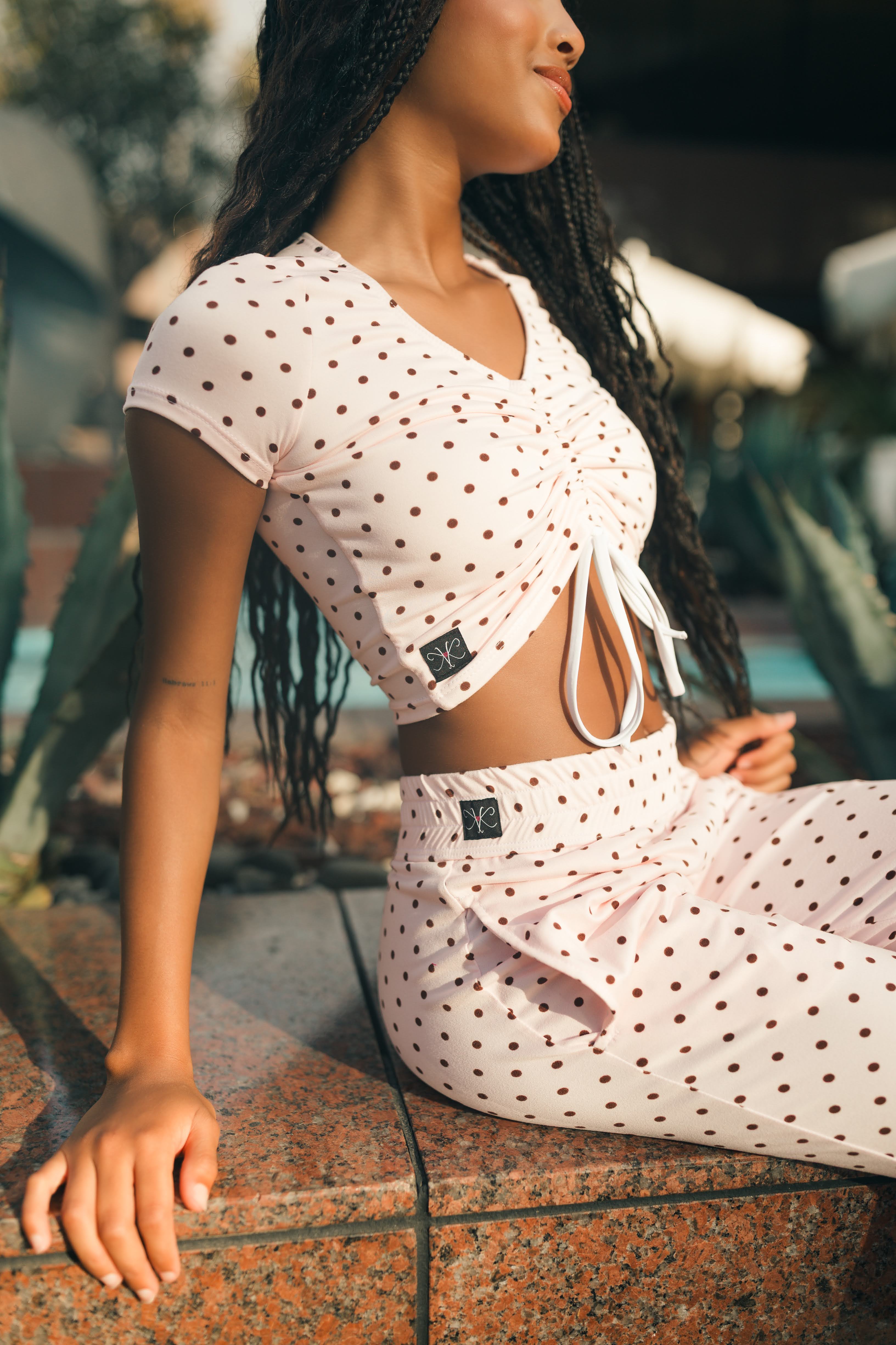 5th Ave Crop Top - Pink/Brown Polka Dot