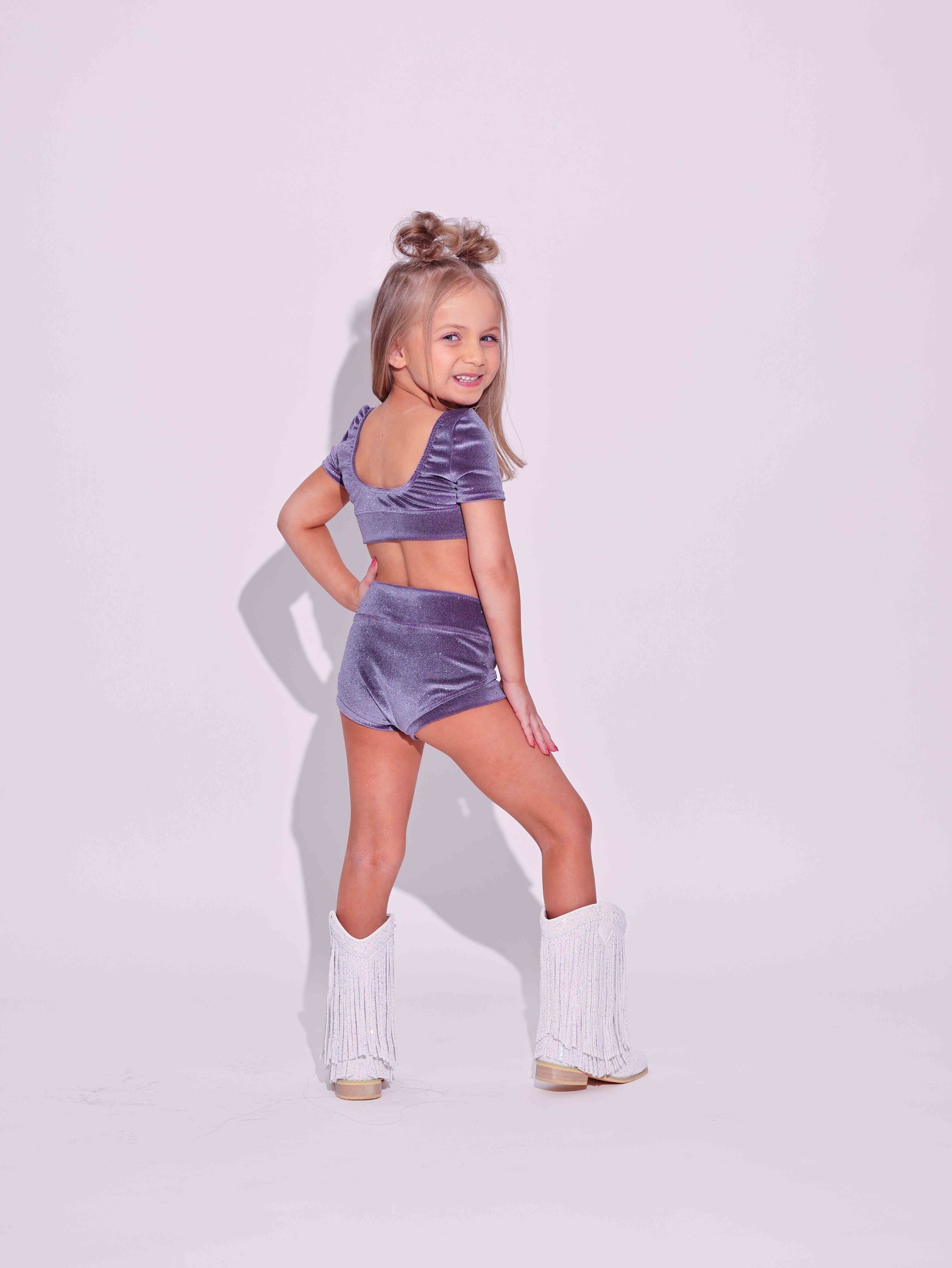 Simple But Cute Exclusive Glitter Velvet Crop Top - Grape - Ready to Ship