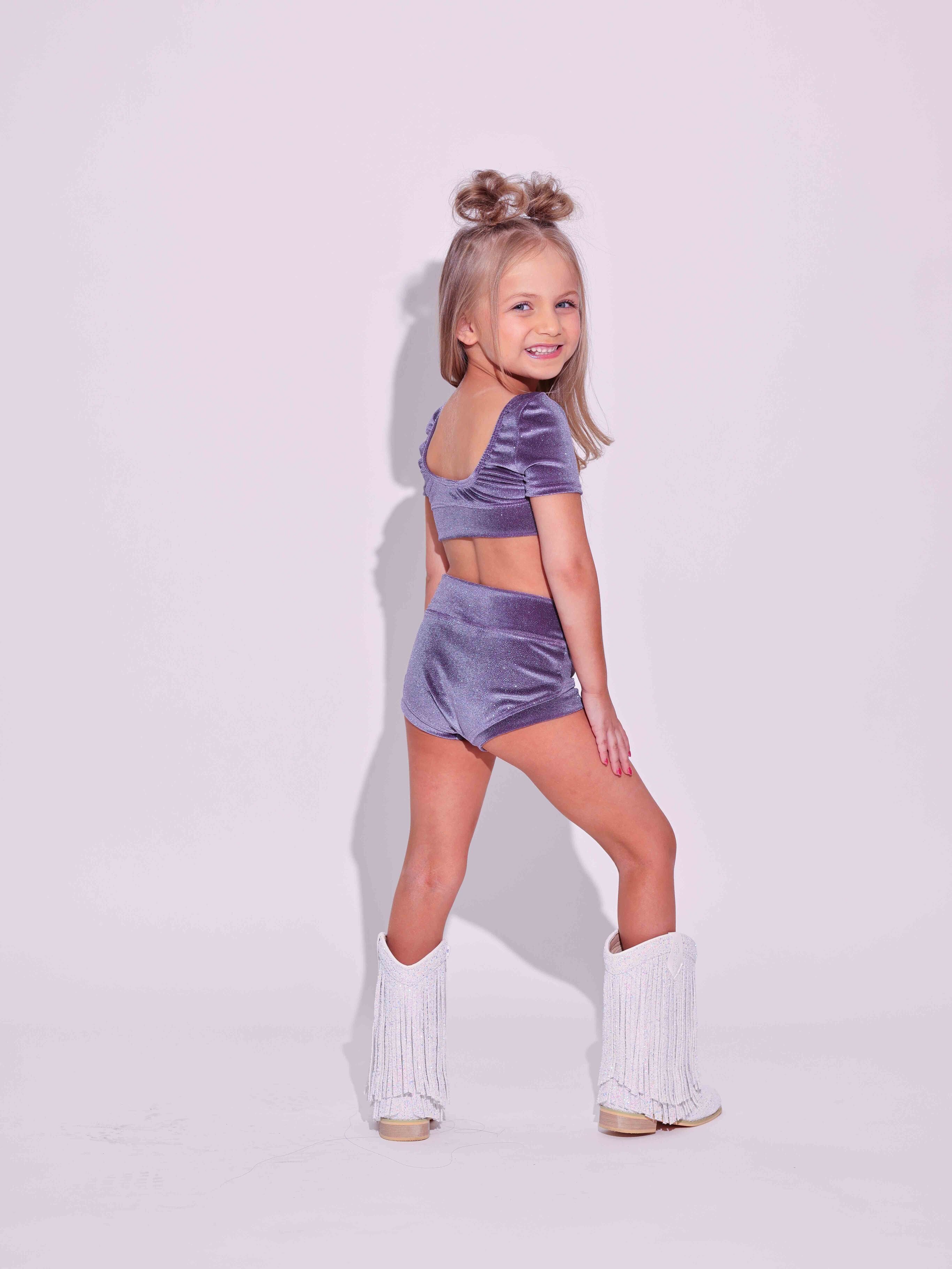 Simple But Cute Exclusive Glitter Velvet Crop Top - Grape - Ready to Ship