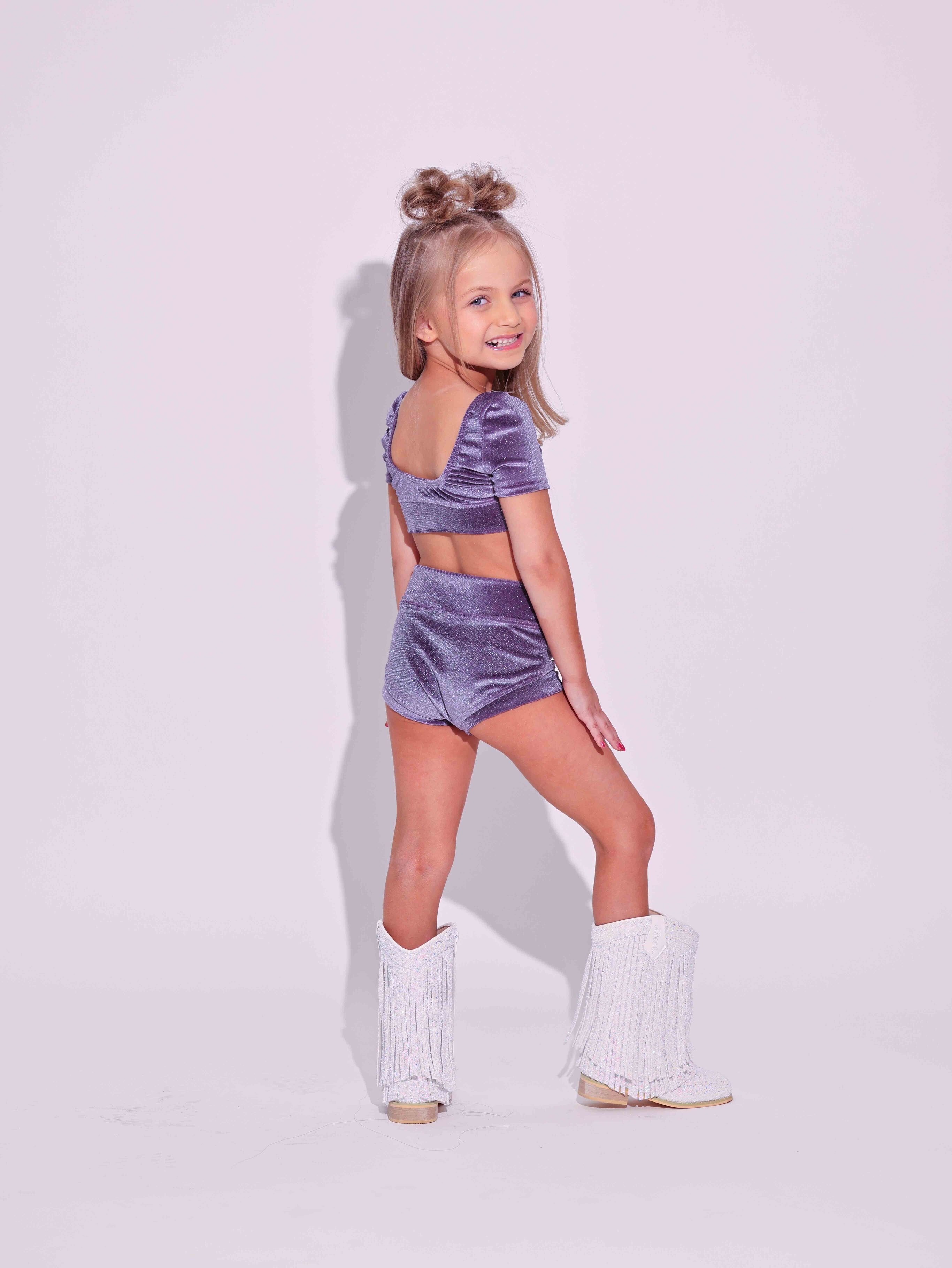 Simple But Cute Exclusive Glitter Velvet Crop Top - Grape - Ready to Ship