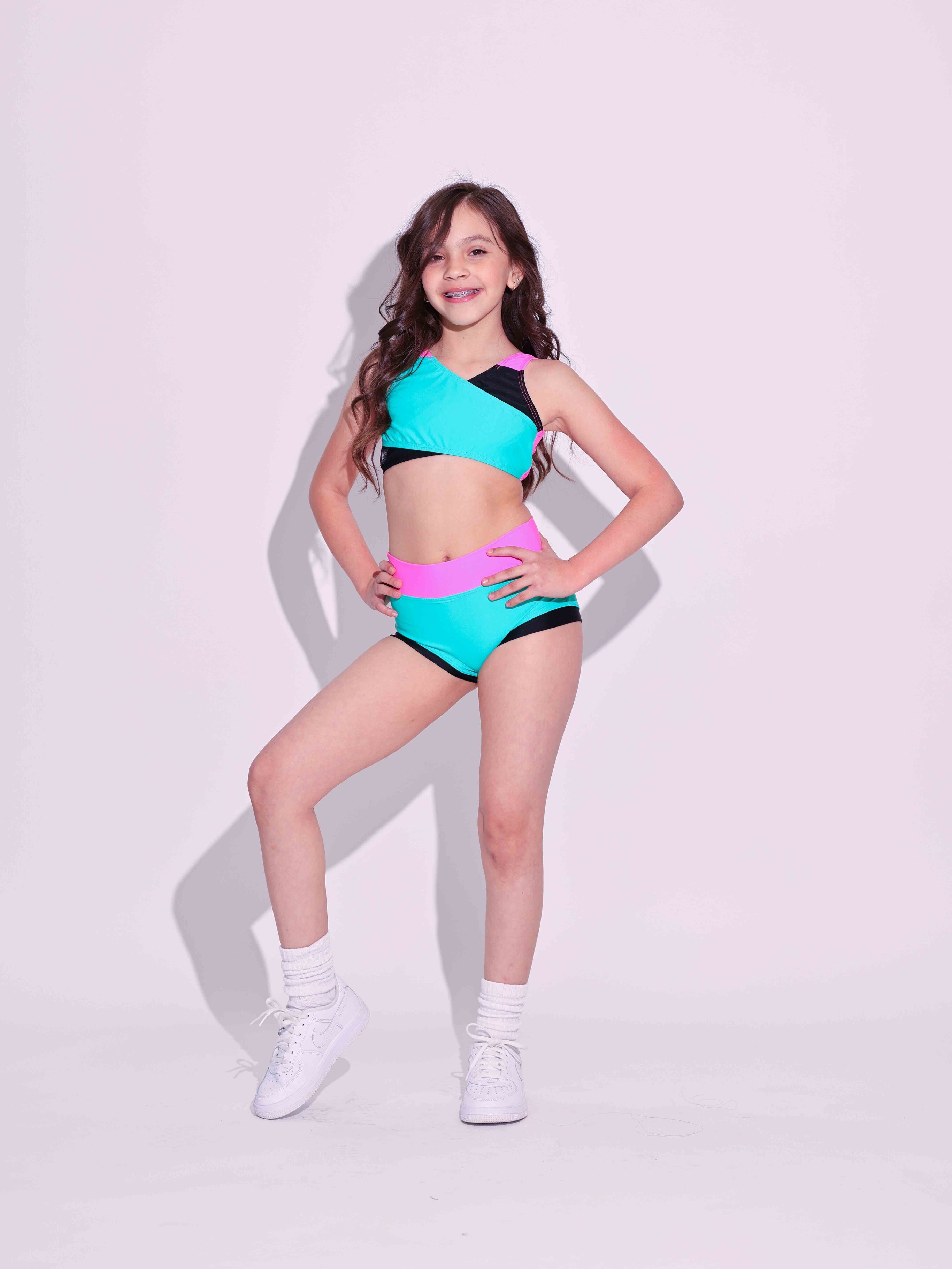 Cross My Heart Bra Top - Dark Mint/Black/Neon Pink - Ready To Ship