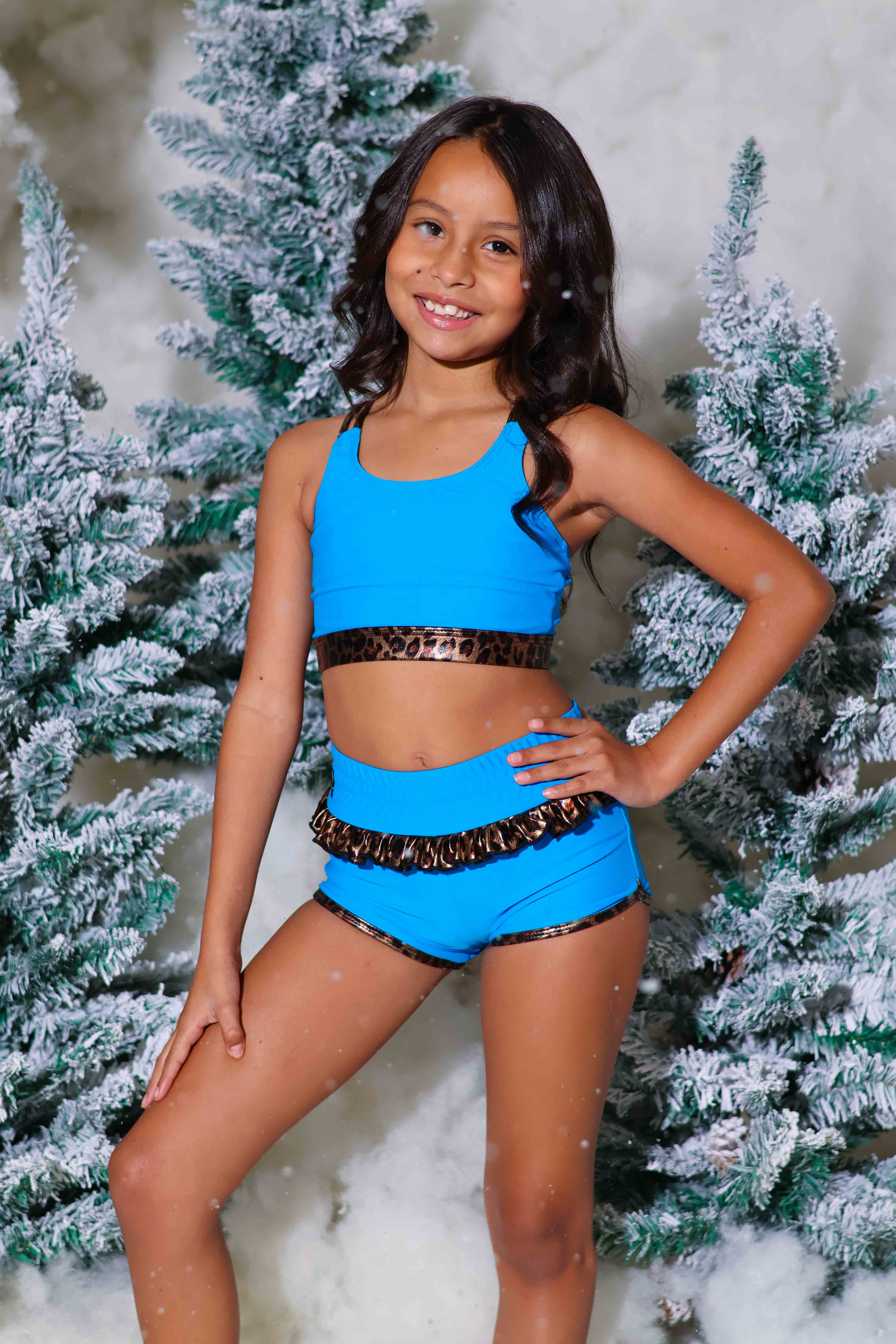 Leilani Ruffle Bra Top - Turquoise/Glow Cheetah - Ready To Ship